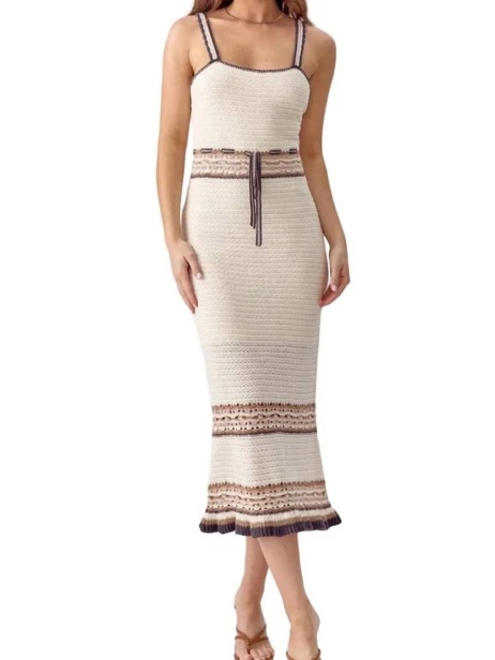 Greylin Cream Crochet Midi Skirt with Brown & Navy Trim